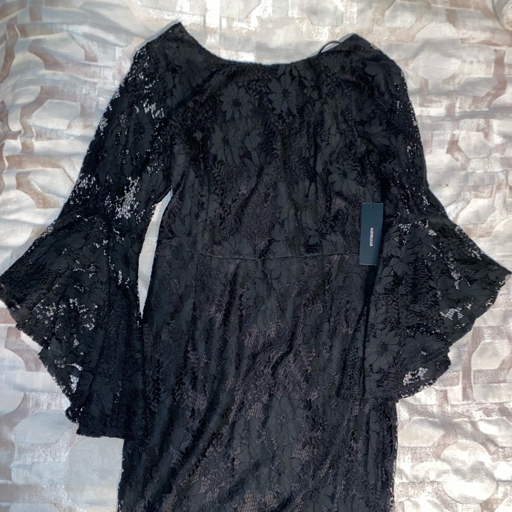 Lulus Allure 'Em In Black Lace Flounce Sleeve Dress